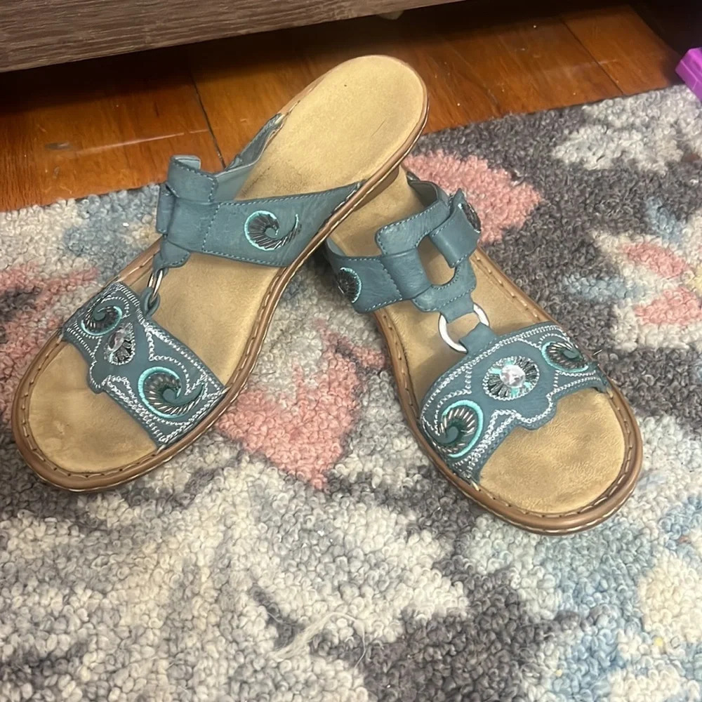 Rieker Womens 42 Beaded Embellished Slip On Anti-Stress Sandal Teal Green